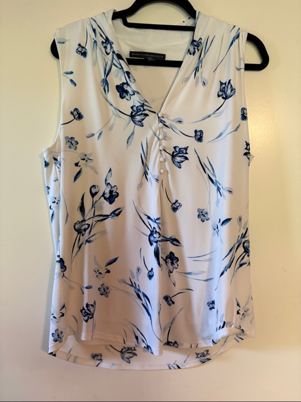 White House Black Market White Tank with Blue Floral Print and Button Detail